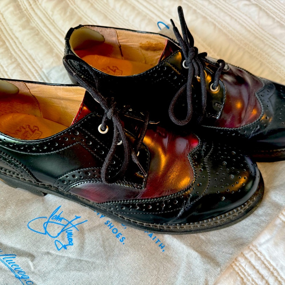 Unisex Fluevog Angels in deep wine and black with thick souls.